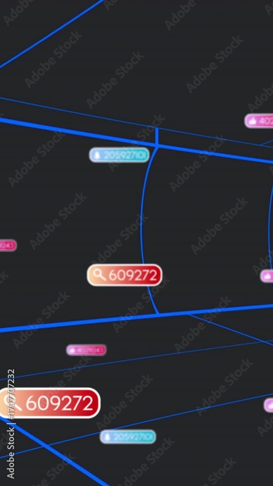 Poster digital data points floating in futuristic blue grid tunnel animation