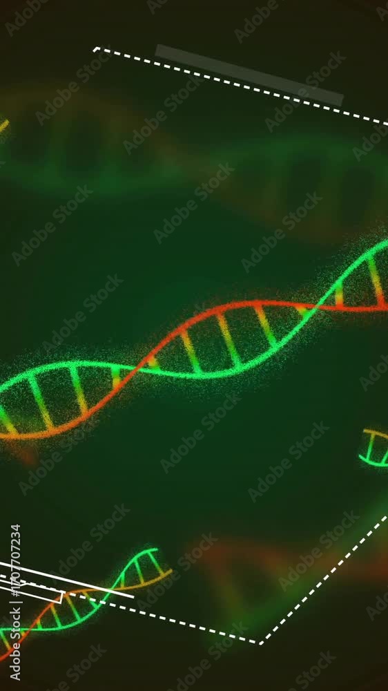 Poster intertwining colorful dna strands with geometric shapes on dark background animation