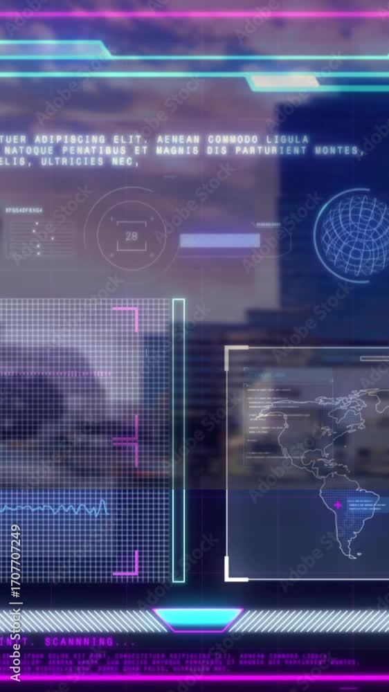 Aufkleber animation of futuristic digital interface with global data over cityscape background