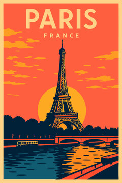 Paris Eiffel Tower Vintage Travel Poster &ndash; Retro France Illustration
