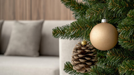 Golden ornament, pine cone, Christmas tree, cozy living room