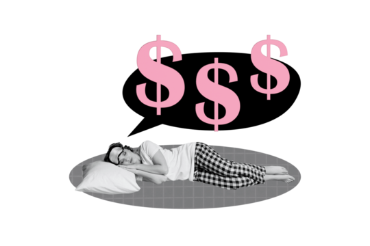 Creative photo collage picture young girl fall asleep bedtime textbox money finance currency dollars nighttime pillow checkered background