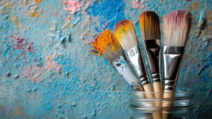 Colorful paintbrushes in jar against textured blue background evoke creativity and artistry