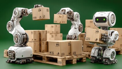 Obraz premium White robots with robotic arms move cardboard boxes onto wooden pallets