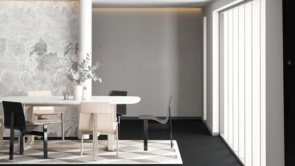 Home and living and cozy dining room interior and modern graphic wall background. 3d rendering