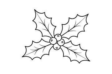 Simple black and white line drawing of holly leaves and berries