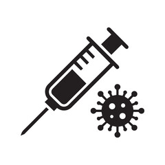 Coronavirus vaccine icon. Syringe and virus cell glyph representing immunization, COVID-19 treatment, and pandemic prevention.
