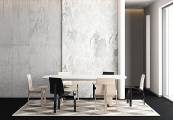 Home and living and dining room interior and modern graphic wall background. 3d rendering