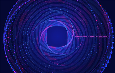 Abstract cyber colorful background from lines and dots form tunnel. Square radial twisted tunnel purple on dark. Swirl futuristic geometric.