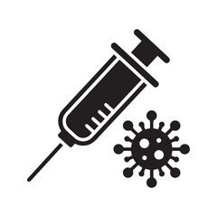 Coronavirus vaccine icon. Syringe and virus cell glyph representing immunization, COVID-19 treatment, and pandemic prevention.
