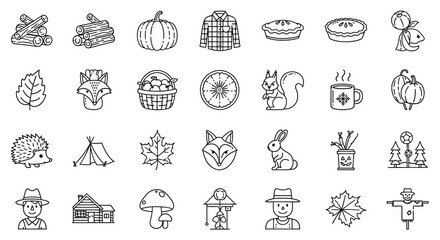 A collection of outlined autumn themed icons including logs, pumpkin, shirt, pie, mouse, leaf, fox, basket, wheel, squirrel, mug, hedgehog, tent, maple, rabb...