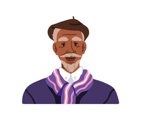 Old black man in beret and scarf. Senior aged male, head portrait. Elderly African-American person with gray beard and moustache, stylish outfit. Flat vector illustration isolated on white background