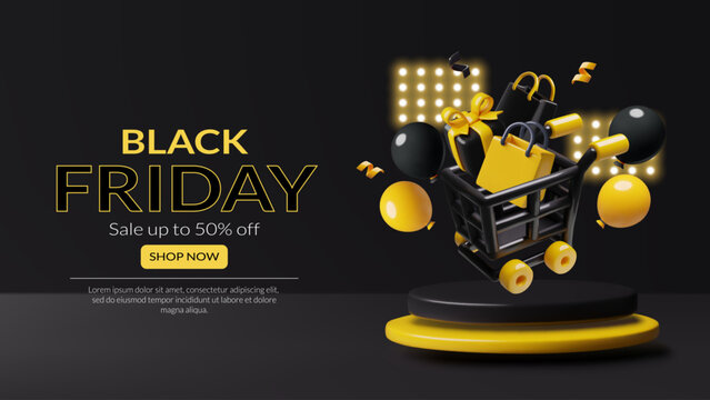 Black Friday sale poster with 3d podium and shopping icons floating on dark background. Vector illustration