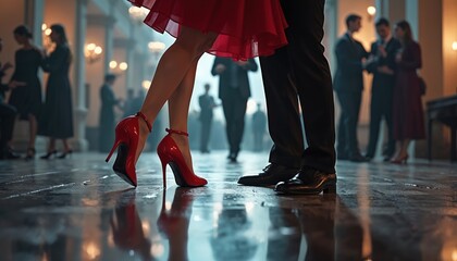 Couple dances on polished floor in ballroom. Woman in red dress, high heels, man in black suit. Formal event, party, celebration. People background, blurred lights, classic romantic scene.