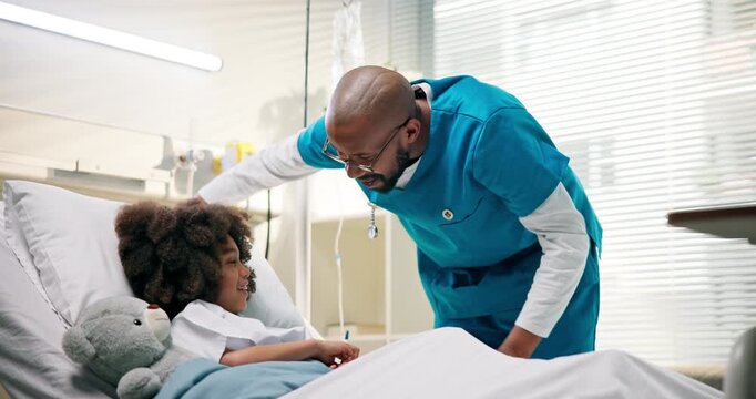 Happy doctor, child and high five in hospital bed for good news, success or discharge. Man, nurse and pediatrician with smile, patient or boy for positive recovery, results or healthcare in clinic