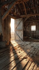 Rustic barn interior, sunlight streams through open door