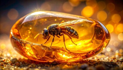 A hyper-realistic, macro shot of a single, glistening piece of amber, with a tiny, perfectly preserved ancient insect trapped within its golden core.