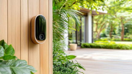 Fototapeta premium Smart doorbell camera mounted wooden wall surrounded by greenery, enhancing home security