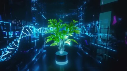 Plant in digital room with DNA strands and data streams background - Powered by Adobe