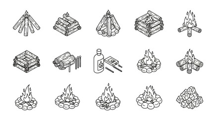 A set of fifteen isometric illustrations depicting different campfire structures and fire starting methods, shown in black and white line art.