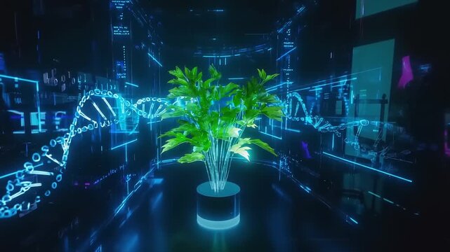 Plant in digital room with DNA strands and data streams background - Powered by Adobe