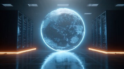 Futuristic glowing blue digital sphere in a dark server room