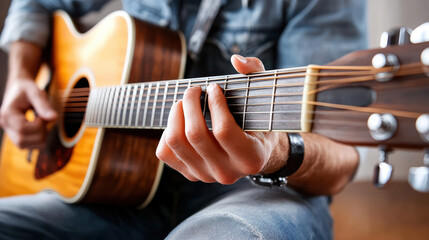 Fototapeta premium Close up of guitarist fingers on strings, showcasing skill and passion for music