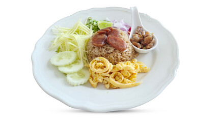 A traditional Thai dish made by stir-frying jasmine rice with shrimp paste (kapi), giving it a rich, savory aroma