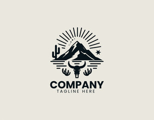 Vector logo shows desert mountains with cactus and sun rays in minimal design