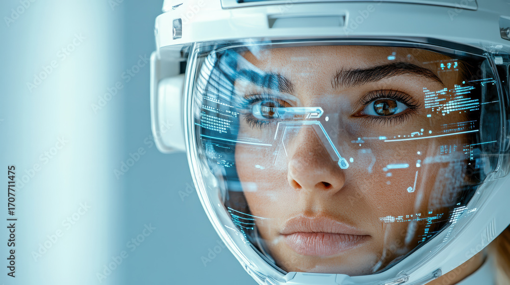 Poster close up of human face reflected in futuristic visor with digital interface and data