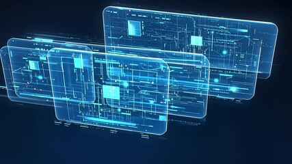 3D glowing blue digital grid screens cascade against dark background - Powered by Adobe