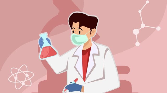 Man in white coat research laboratory bottle cartoon animation backgrounds video . scientist working in laboratory with a poison animated footage motion graphic illustration design