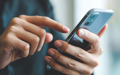 Close up of hands holding a smartphone and using a finger to tap on the screen showcasing modern technology and digital communication