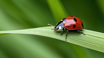 Close up of ladybug crawling on green grass blade, showcasing vibrant colors and details