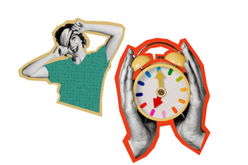 Composite photo collage of happy lazy girl late morning wake up hand hold alarm clock bell slumber awake isolated on painted background