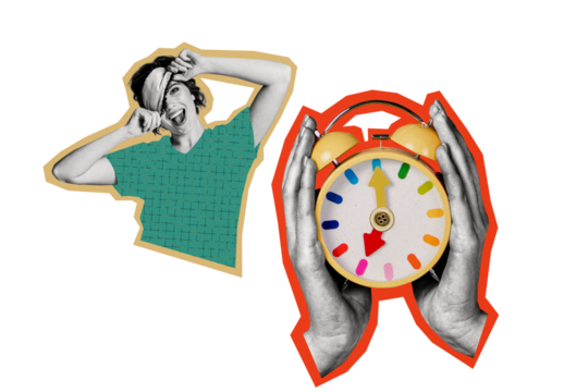 Composite photo collage of happy lazy girl late morning wake up hand hold alarm clock bell slumber awake isolated on painted background