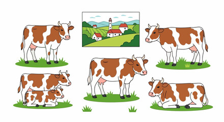 Obraz premium A collection of cartoon-style cows, some standing, some lying down, with a landscape painting in the background showing a lighthouse and farm buildings.
