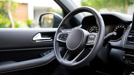Close up of modern car steering wheel with sleek design and advanced controls, showcasing luxury
