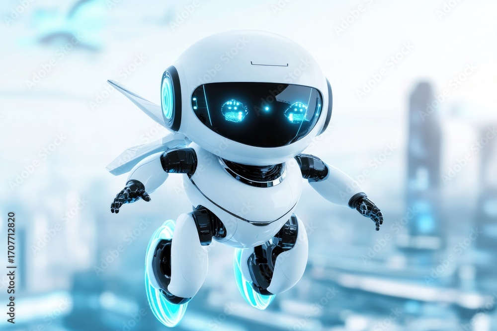 Poster futuristic white robot exploring urban skyline with ai technology in a dynamic flying scene