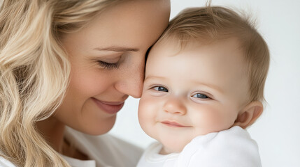 Close up of mother embracing baby, sharing joyful moment together, showcasing love