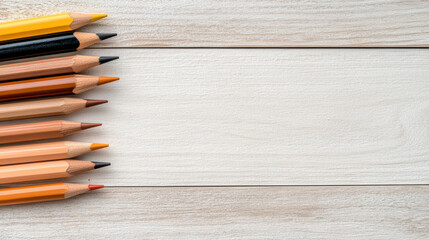 Obraz premium Colorful pencils arranged neatly on wooden surface create vibrant and artistic display