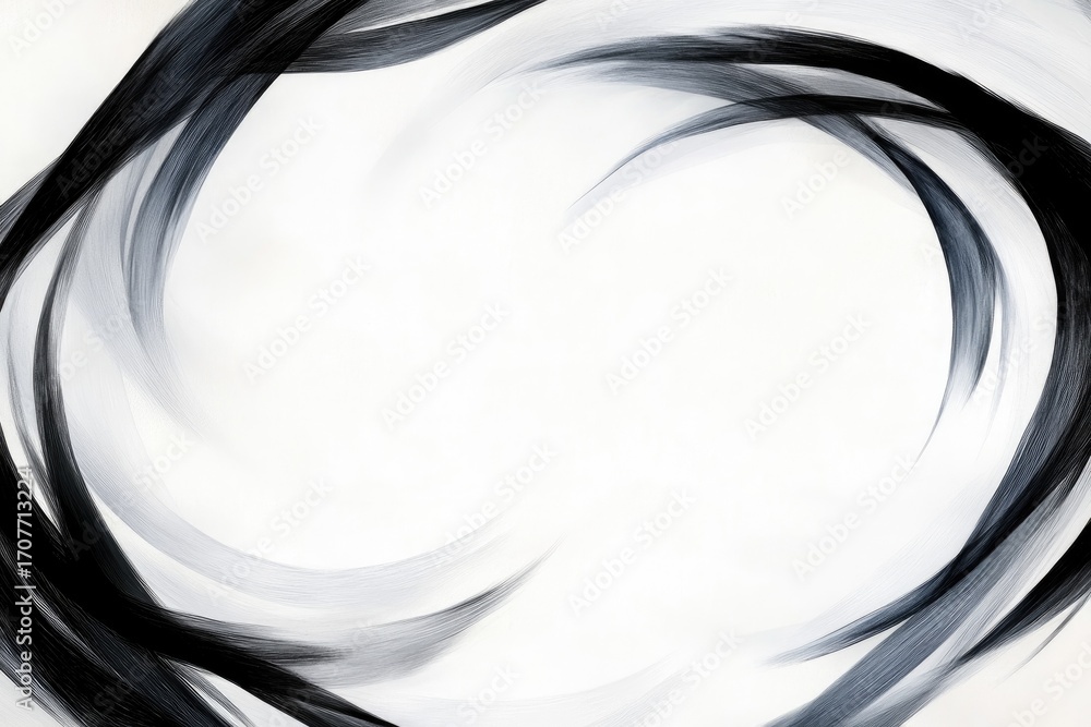 Poster dynamic flowing abstract black and white brush strokes with circular motion on white background