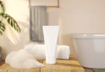 Cosmetic Tube Mockup on Wooden Table with Towels and Foam