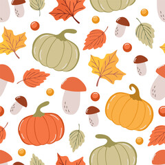 Autumn seamless pattern with pumpkins, mushrooms, and colorful fall leaves on a white background. Perfect for seasonal design, Thanksgiving, and harvest festival themes. Vector illustration.