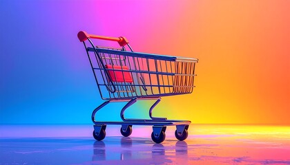 A shopping cart is bathed in vibrant neon light, creating a dynamic and colorful composition. It stands out against the gradient backdrop