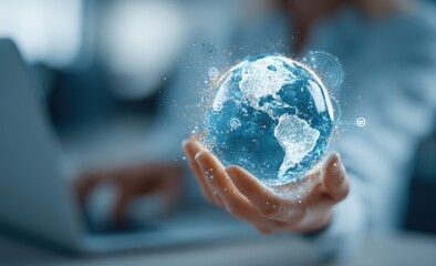A hand holds a holographic Earth, surrounded by digital data