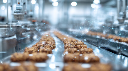 Conveyor belt with baked goods in a food production facility, featuring digital network overlays