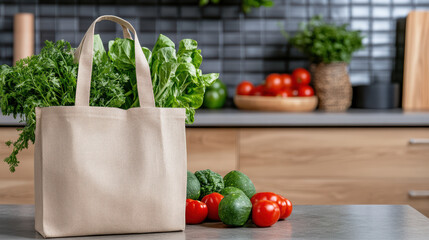 Reusable shopping bag filled with fresh vegetables kitchen counter, showcasing healthy lifestyle