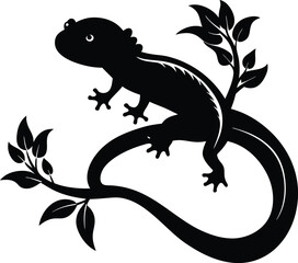 Fototapeta premium Black Silhouette Lizard on Branch with Leaves Vector Art