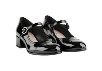Pair of black patent leather mary jane shoes isolated on transparent background these classic shoes feature a round toe, block heel, and buckle strap